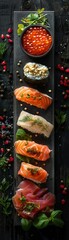 Sushi Appetizers showcasing both traditional and modern Arctic cuisine side by side Emphasize the contrast in ingredients