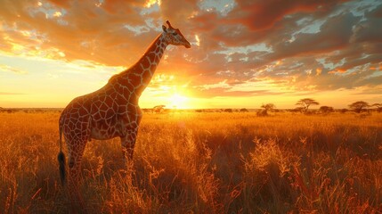 Graceful giraffe in cinematic sunset serenity, peacefully roaming savanna with warm golden light