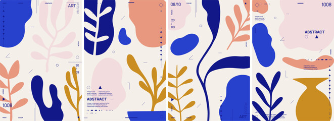 The flat illustrations style features various abstract and botanical shapes in shades of blue, pink and yellow. Vector modern forms for design posters, postcards or packaging, or flyer design. - 775064279