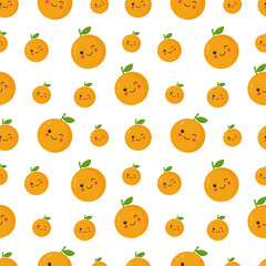 Seamless Orange pattern with summer fruits, leaves, and flowers background. Hand-drawn vector illustration for summer cover, citrus tropical wallpaper.