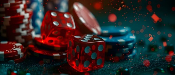 Symbols of Wealth and Gambling: Casino Chips, Cards, and Dice on a Dark Background. Concept Casino, Chips, Cards, Dice, Wealth, Gambling, Dark Background, Symbols
