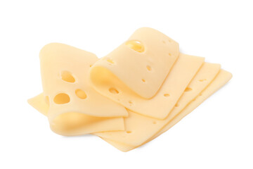 Slices of tasty fresh cheese isolated on white