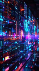 Fototapeta premium a holographic display projecting dynamic data visuals in a sci-fi setting The futuristic design and vibrant colors will evoke a sense of innovation and technology