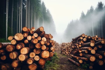 Keuken spatwand met foto Fresh fallen timber at the sawmill. those awaiting processing at the local village sawmill are being turned into lumber for construction © Александр Лобач