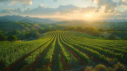 An aerial view of a picturesque vineyard nestled in rolling hills - obrazy, fototapety, plakaty
