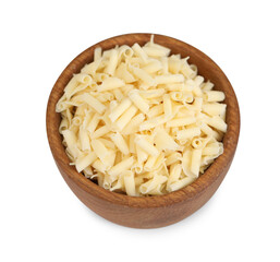 Delicious chocolate shavings in bowl isolated on white