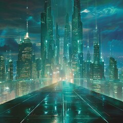 Fototapeta na wymiar a futuristic cityscape with towering buildings emitting a soft bioluminescent glow