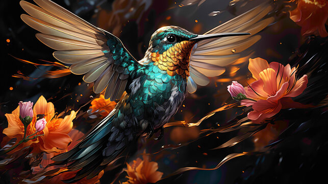 A vibrant hummingbird hovering mid-air, its iridescent feathers catching the sunlight as it sips nectar from a delicate flower.