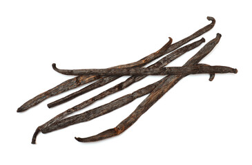 Aromatic vanilla pods isolated on white, top view