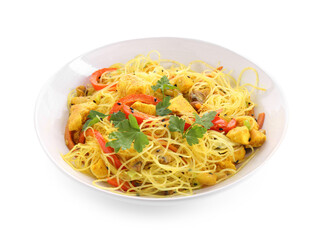 Stir-fry. Delicious cooked noodles with chicken and vegetables in bowl isolated on white
