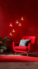The scene of a home, the prospects are modern designer sofas, lights ... red solid color background, minimalist atmosphere