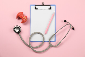 Endocrinology. Stethoscope, clipboard, model of thyroid gland and pen on pink background, flat lay - obrazy, fototapety, plakaty