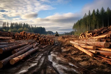 Tuinposter Fresh fallen timber at the sawmill. those awaiting processing at the local village sawmill are being turned into lumber for construction © Александр Лобач