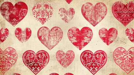 Retro-style Valentine's background with vintage heart patterns in red and pink, reminiscent of...