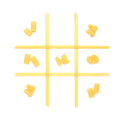 Tic tac toe game made with different types of pasta isolated on white, top view