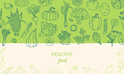 Vector web banner with hand drawn vegetables outline icons. Vector illustration