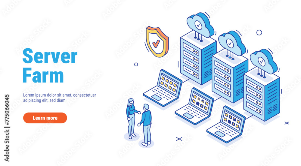 Poster server farm room outline isometric concept. big data storage connected with cloud computing service.
