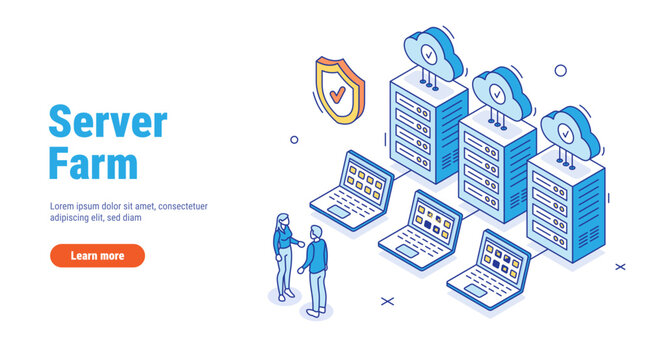 Server farm room outline isometric concept. Big data storage connected with cloud computing service. Online hosting technology. Vector line illustration isolated on white background.