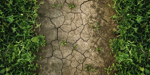 Dried, cracked earth and green grass around the edges , concept of Climate change impact
