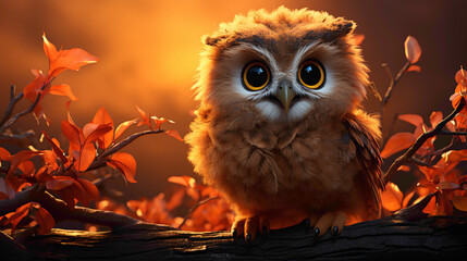 A fluffy baby owl perched on a branch, wide-eyed and curious, bathed in the warm glow of the sunset.