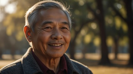 elderly asian man on morning sunlight winter park background smiling happy looking at camera with copy space for banner backdrop from Generative AI