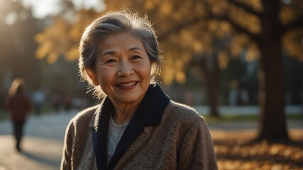 elderly asian lady woman on morning sunlight winter park background smiling happy looking at camera with copy space for banner backdrop from Generative AI - obrazy, fototapety, plakaty