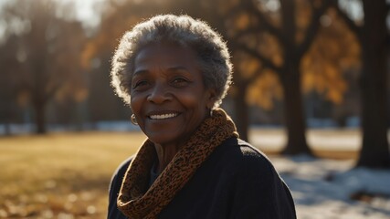 elderly black african lady woman on morning sunlight winter park background smiling happy looking at camera with copy space for banner backdrop from Generative AI - obrazy, fototapety, plakaty