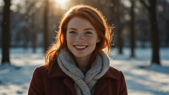 young red head woman on morning sunlight winter park background smiling happy looking at camera with copy space for banner backdrop from Generative AI