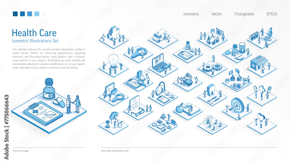 Wall mural healthcare business isometric illustrations set. busy people teamwork 3d medical scenes. men, women 