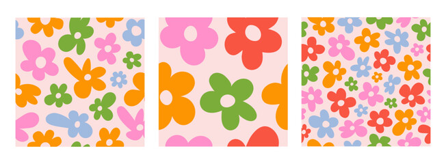 Colorful set abstract floral seamless patterns with cute groovy daisy flowers. Vector illustration	
