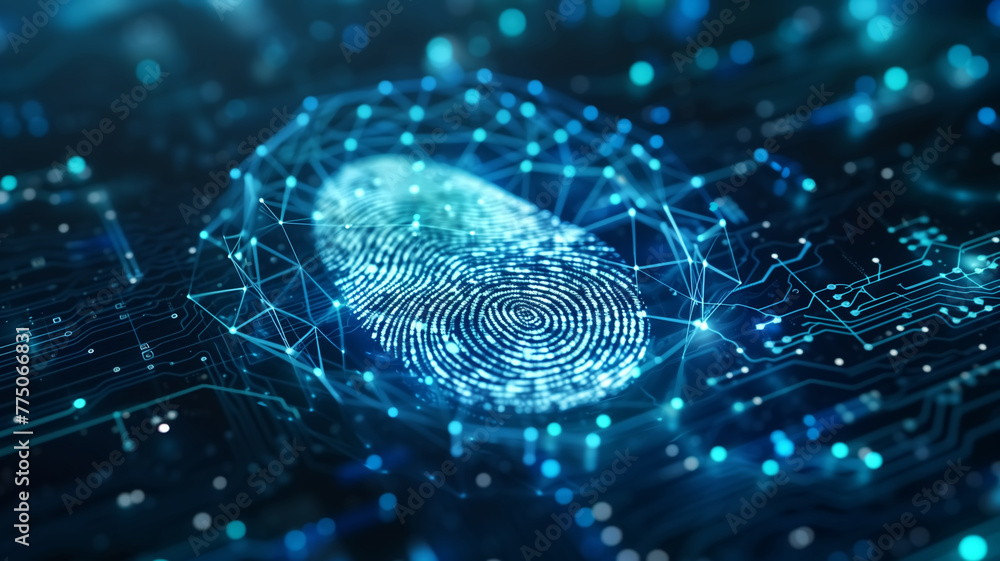Poster digital fingerprint overlay on a blue circuit board, representing biometric security and identity ve
