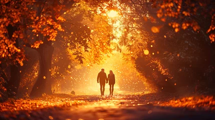 Meubelstickers Couple walking on a path surrounded by autumn leaves with the sun shining through the trees. © amixstudio