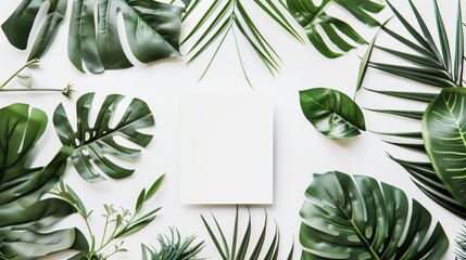 White frame on a background of tropical green leaves with place for text, invitation or banner