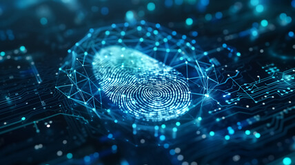 Digital fingerprint overlay on a blue circuit board, representing biometric security and identity verification technology.
