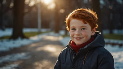 Poster kid child red head boy on morning sunlight winter park background smiling happy looking at camera with copy space for banner backdrop from Generative AI © Arceli
