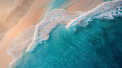 An aerial view of a pristine beach with turquoise waters lapping at the shore
