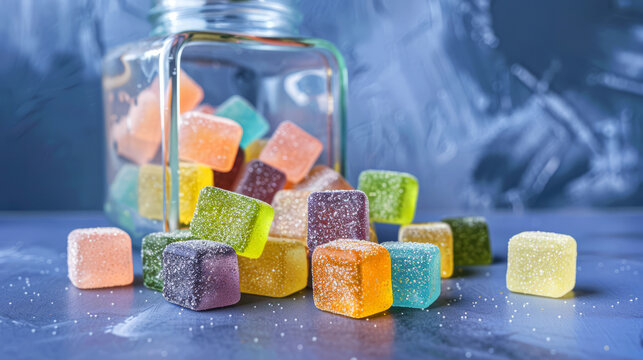 Overturned glass jar spilling colorful cube-shaped gummy candies on a marbled surface