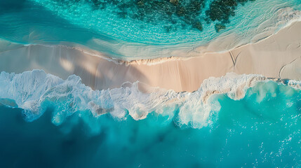 An aerial view of a pristine beach with turquoise waters and white sandy shores