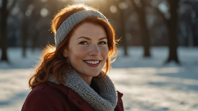 middle aged red head woman on morning sunlight winter park background smiling happy looking at camera with copy space for banner backdrop from Generative AI