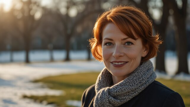 middle aged red head woman on morning sunlight winter park background smiling happy looking at camera with copy space for banner backdrop from Generative AI