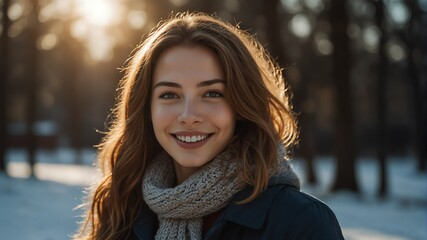 young caucasian woman on morning sunlight winter park background smiling happy looking at camera with copy space for banner backdrop from Generative AI