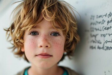 Portrait of a cute little boy with freckles on his face - obrazy, fototapety, plakaty