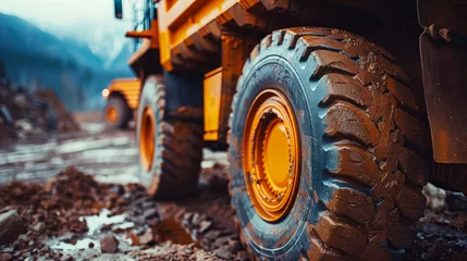 Fotobehang Close-up of a large mining haul truck tire on a rugged dirt road © thanakrit