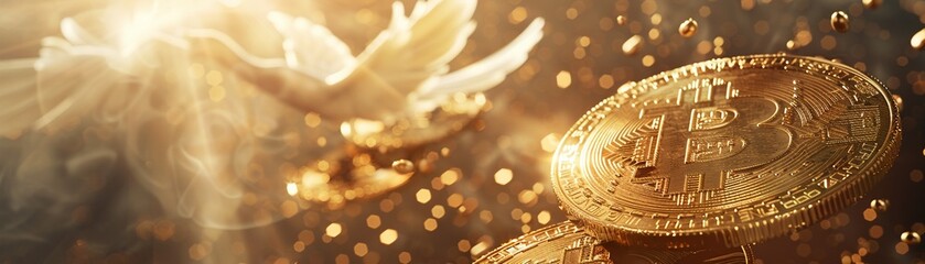 Golden Bitcoins with wings flying to heaven, close-up, soft backlight, dreamy atmosphere - obrazy, fototapety, plakaty