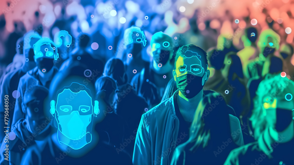 Poster a digitally enhanced image of a crowd with facial recognition technology scanning people wearing mas