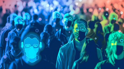 A digitally enhanced image of a crowd with facial recognition technology scanning people wearing masks in a neon-lit setting.
