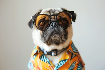 Stylish Pug Dog Dressed in a Tropical Shirt and Sunglasses Posing on a White Background. - obrazy, fototapety, plakaty