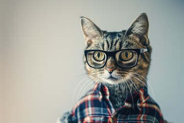 A cat wearing a Nerd boy shirt and thick glasses sits on a white background. - obrazy, fototapety, plakaty