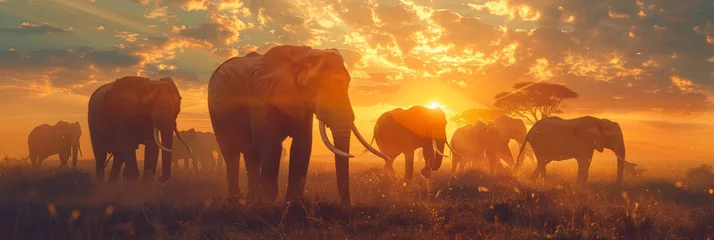 Foto op Canvas Majestic african elephant herd in golden dawn light crossing vast savanna plains © RECARTFRAME CH