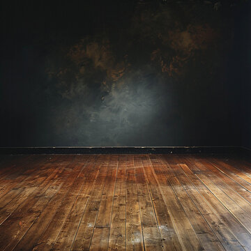 Empty room with dark wall and wooden floor, minimalism style, dark stylish design